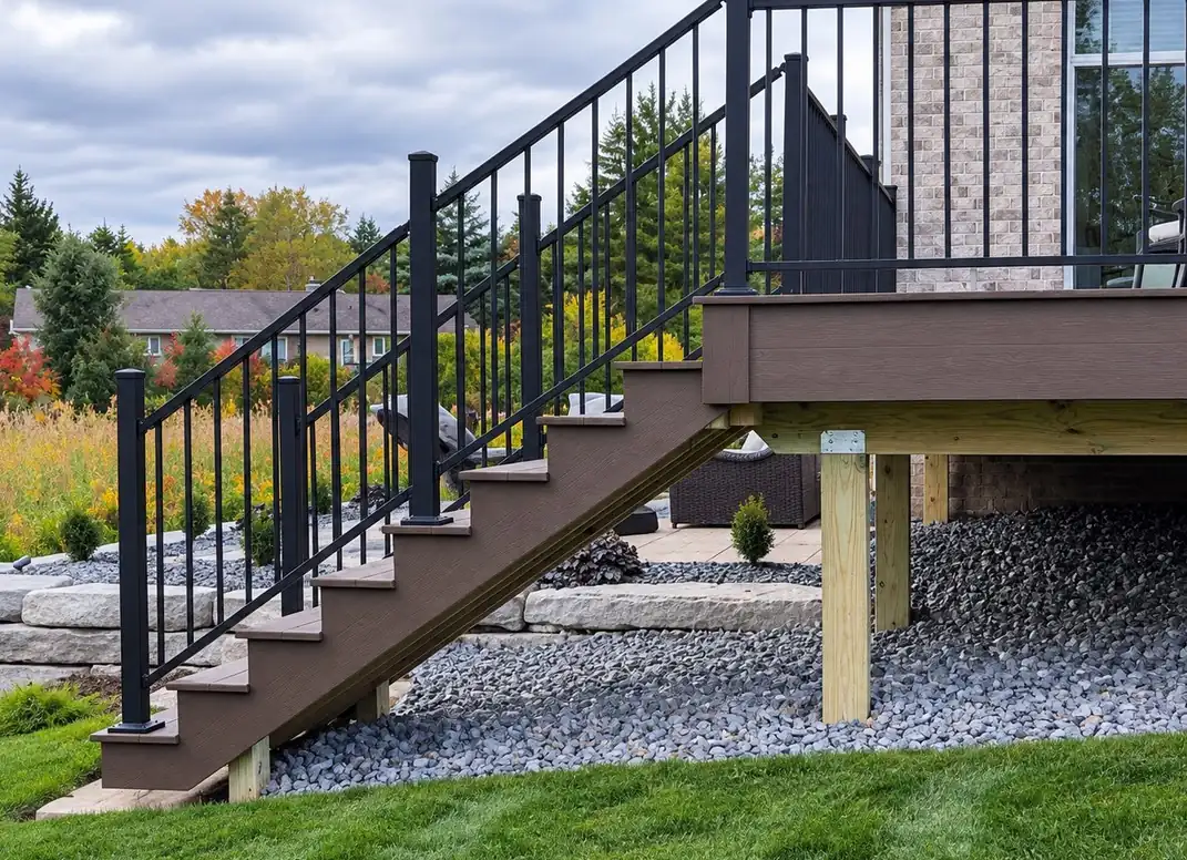 Stone deck stairs and landscape installation