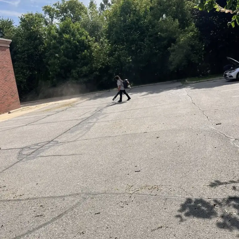 Landscaper clearing leaves and debris from a lawn